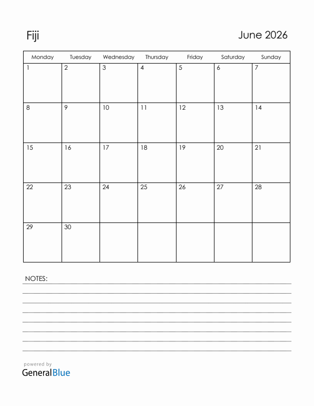 June 2026 Fiji Calendar with Holidays (Monday Start)