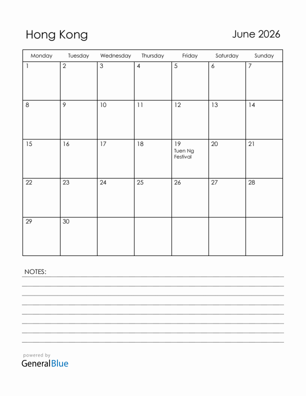 June 2026 Hong Kong Calendar with Holidays (Monday Start)