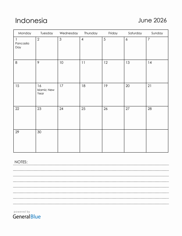 June 2026 Indonesia Calendar with Holidays (Monday Start)