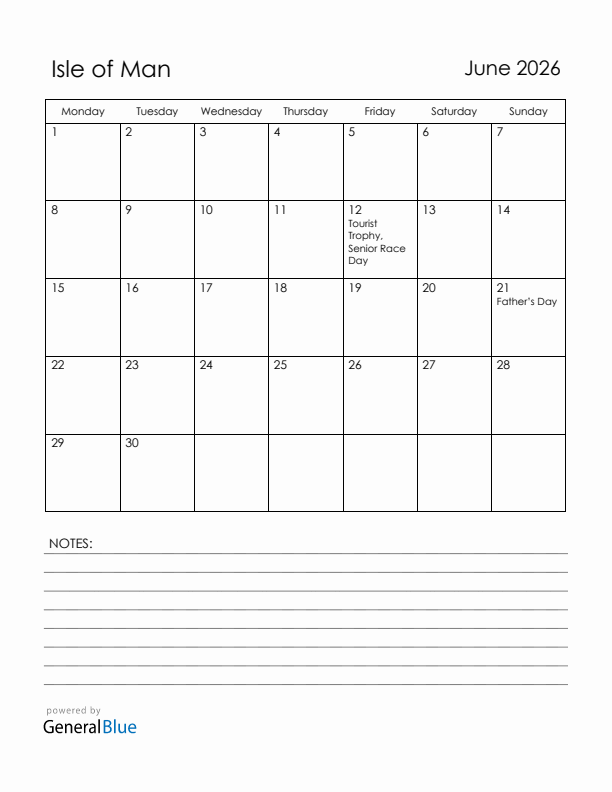 June 2026 Isle of Man Calendar with Holidays (Monday Start)