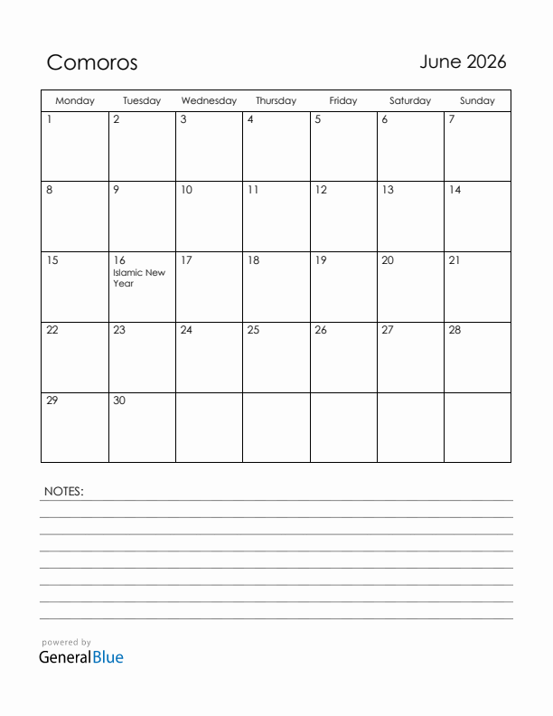June 2026 Comoros Calendar with Holidays (Monday Start)