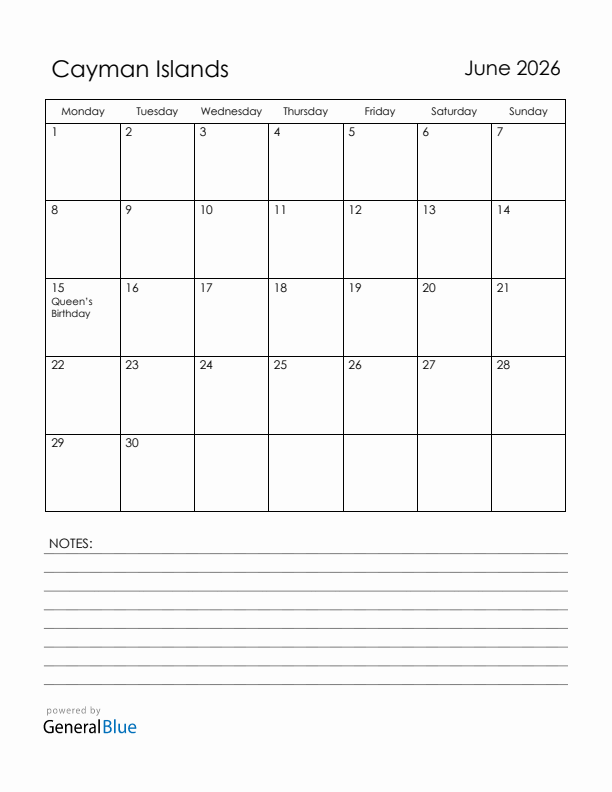 June 2026 Cayman Islands Calendar with Holidays (Monday Start)