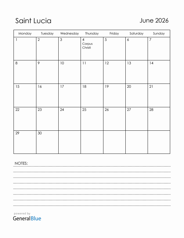 June 2026 Saint Lucia Calendar with Holidays (Monday Start)