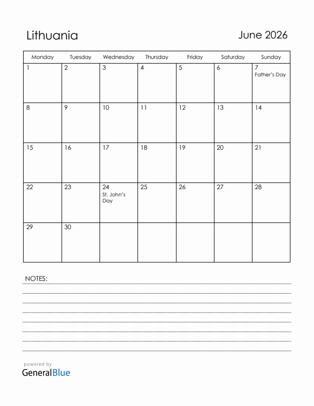 June 2026 Lithuania Calendar with Holidays (Monday Start)