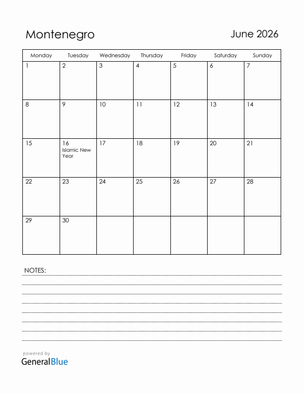 June 2026 Montenegro Calendar with Holidays (Monday Start)