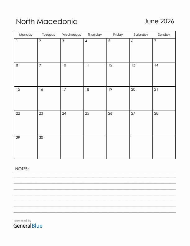 June 2026 North Macedonia Calendar with Holidays (Monday Start)