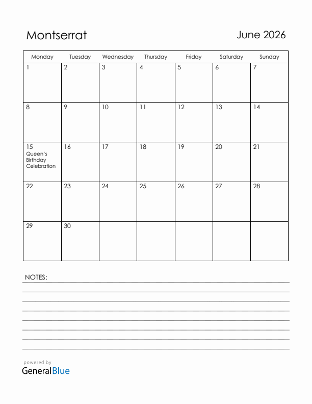 June 2026 Montserrat Calendar with Holidays (Monday Start)