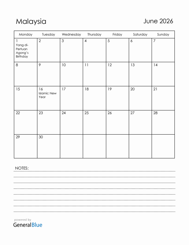 June 2026 Malaysia Calendar with Holidays (Monday Start)
