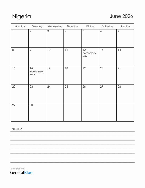 June 2026 Nigeria Calendar with Holidays (Monday Start)
