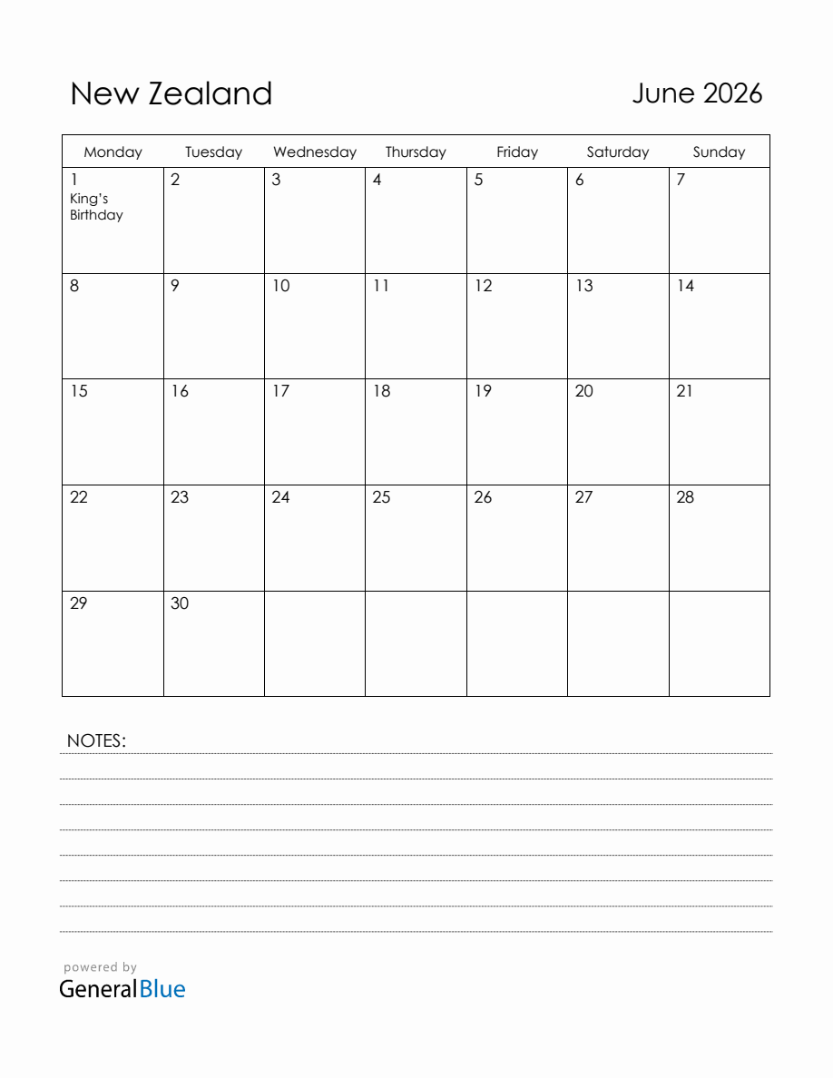 June 2026 New Zealand Calendar with Holidays