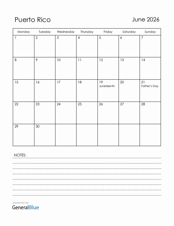 June 2026 Puerto Rico Calendar with Holidays (Monday Start)