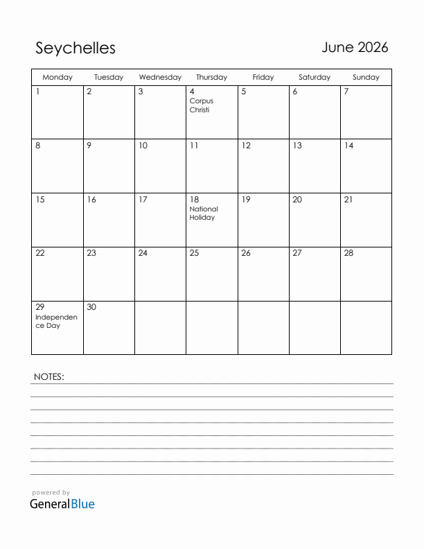 June 2026 Seychelles Calendar with Holidays (Monday Start)