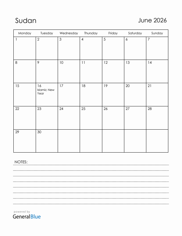 June 2026 Sudan Calendar with Holidays (Monday Start)