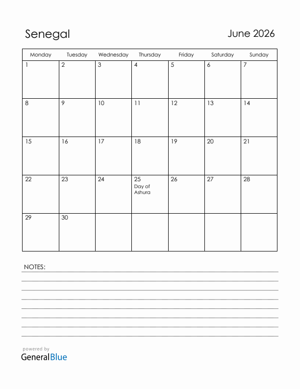 June 2026 Senegal Calendar with Holidays (Monday Start)