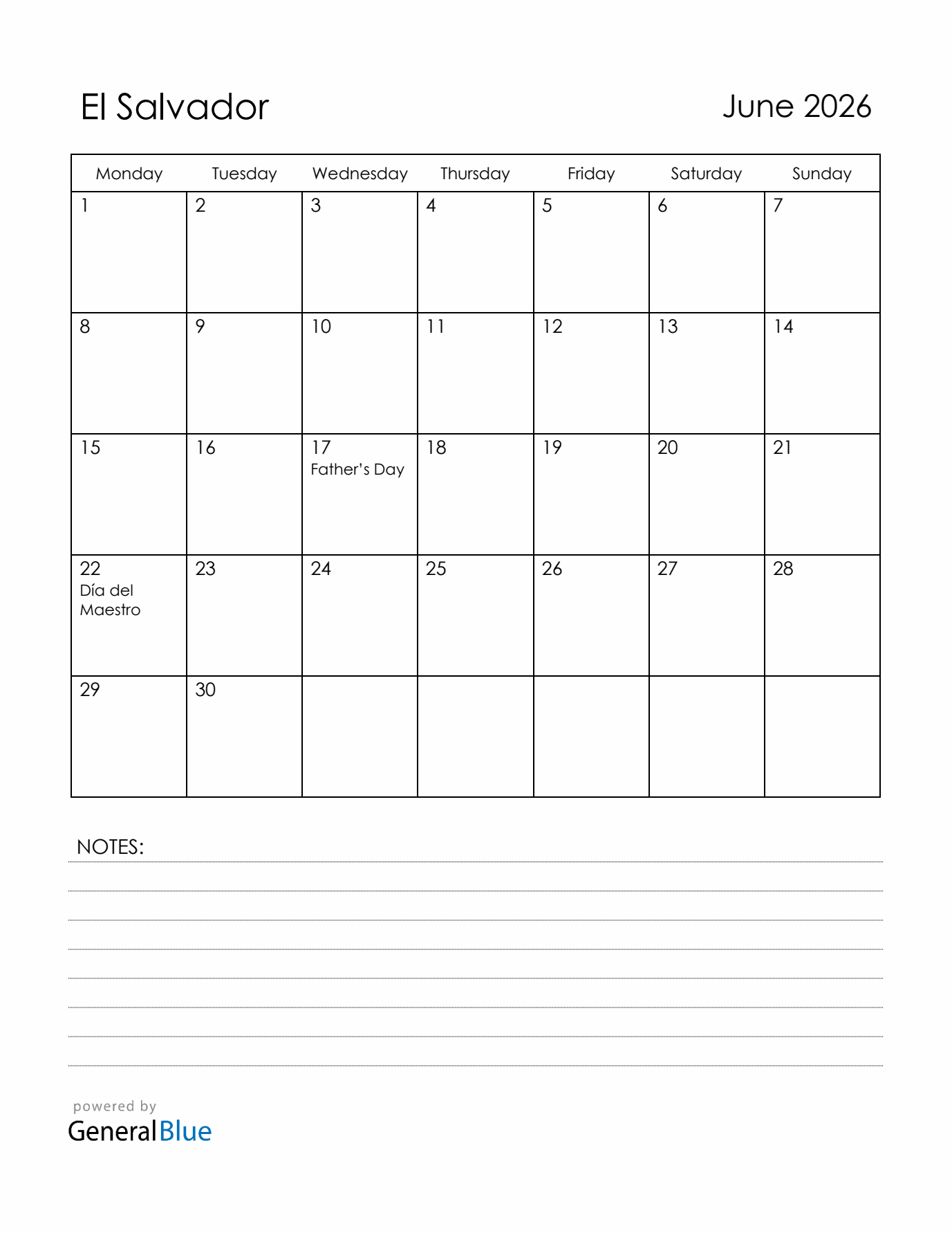 June 2026 El Salvador Calendar with Holidays (Monday Start)