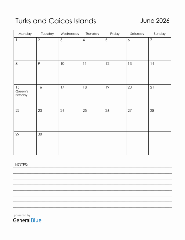 June 2026 Turks and Caicos Islands Calendar with Holidays (Monday Start)