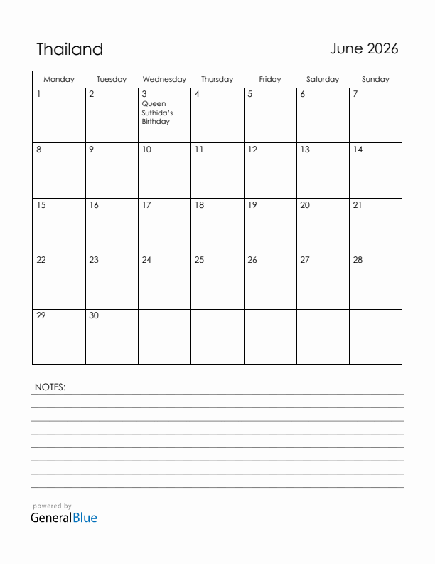 June 2026 Thailand Calendar with Holidays (Monday Start)