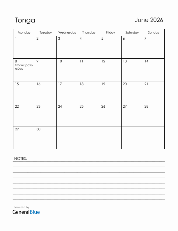 June 2026 Tonga Calendar with Holidays (Monday Start)