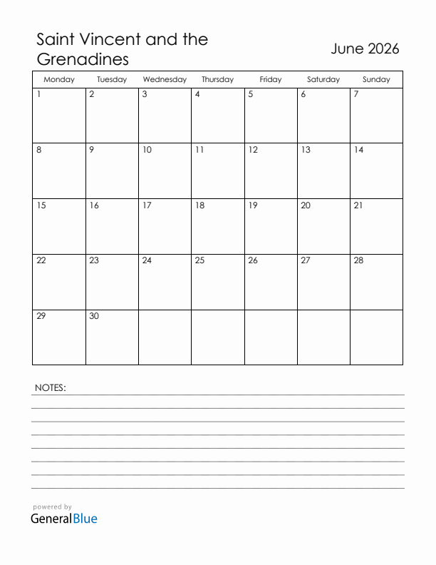 June 2026 Saint Vincent and the Grenadines Calendar with Holidays (Monday Start)