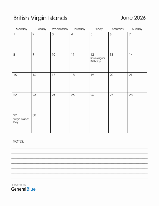 June 2026 British Virgin Islands Calendar with Holidays (Monday Start)