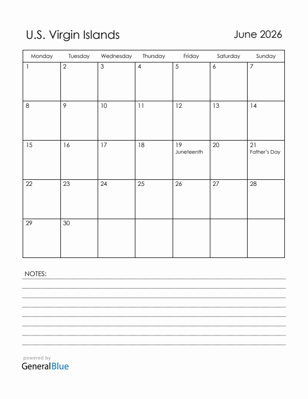 June 2026 U.S. Virgin Islands Calendar with Holidays (Monday Start)