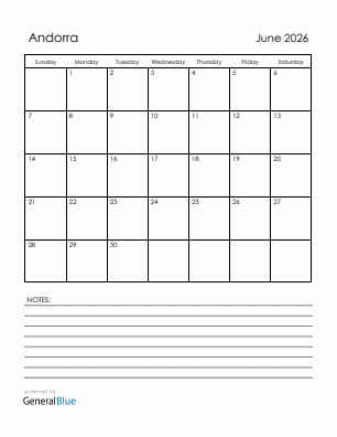 Current month calendar with Andorra holidays for June 2026
