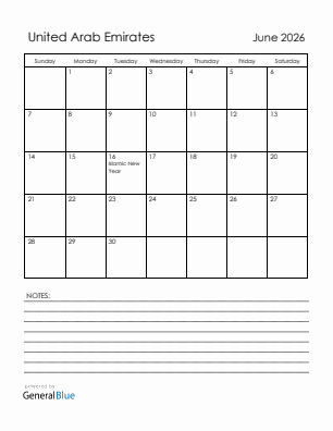 Current month calendar with United Arab Emirates holidays for June 2026