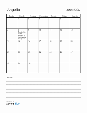 Current month calendar with Anguilla holidays for June 2026