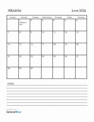 Current month calendar with Albania holidays for June 2026