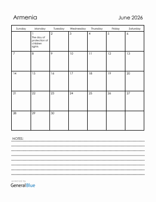 Current month calendar with Armenia holidays for June 2026