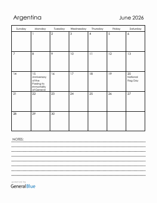 Current month calendar with Argentina holidays for June 2026