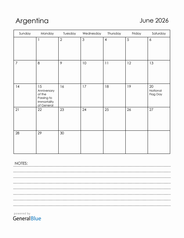 June 2026 Argentina Calendar with Holidays (Sunday Start)