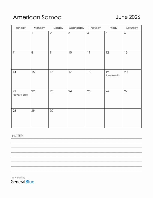 June 2026 American Samoa Calendar with Holidays (Sunday Start)