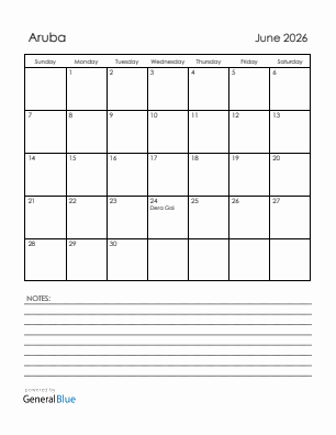 Current month calendar with Aruba holidays for June 2026