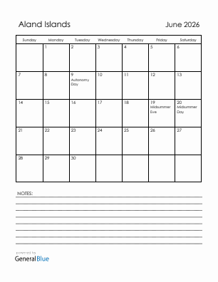Current month calendar with Aland Islands holidays for June 2026