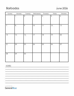 Current month calendar with Barbados holidays for June 2026