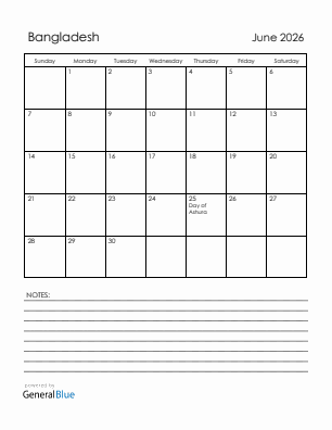 Current month calendar with Bangladesh holidays for June 2026