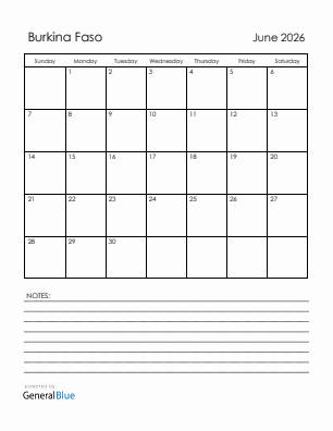 Current month calendar with Burkina Faso holidays for June 2026