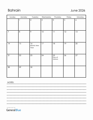 Current month calendar with Bahrain holidays for June 2026