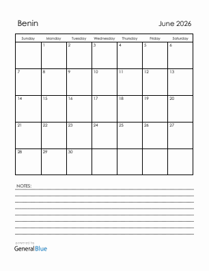 Current month calendar with Benin holidays for June 2026