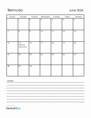 Current month calendar with Bermuda holidays for June 2026