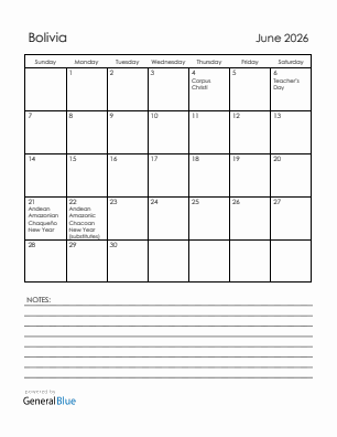 Current month calendar with Bolivia holidays for June 2026