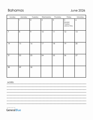 Current month calendar with Bahamas holidays for June 2026