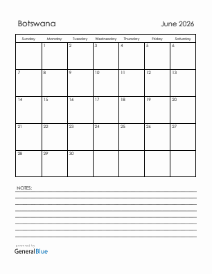 Current month calendar with Botswana holidays for June 2026