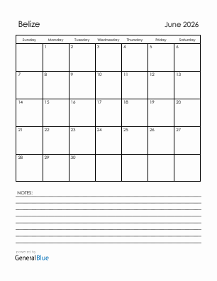 Current month calendar with Belize holidays for June 2026