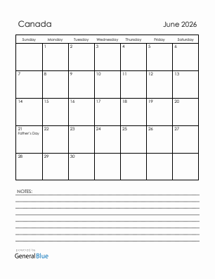 Current month calendar with Canada holidays for June 2026