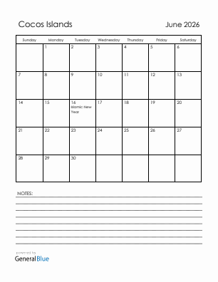 Current month calendar with Cocos Islands holidays for June 2026