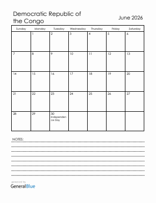 Current month calendar with Democratic Republic of the Congo holidays for June 2026