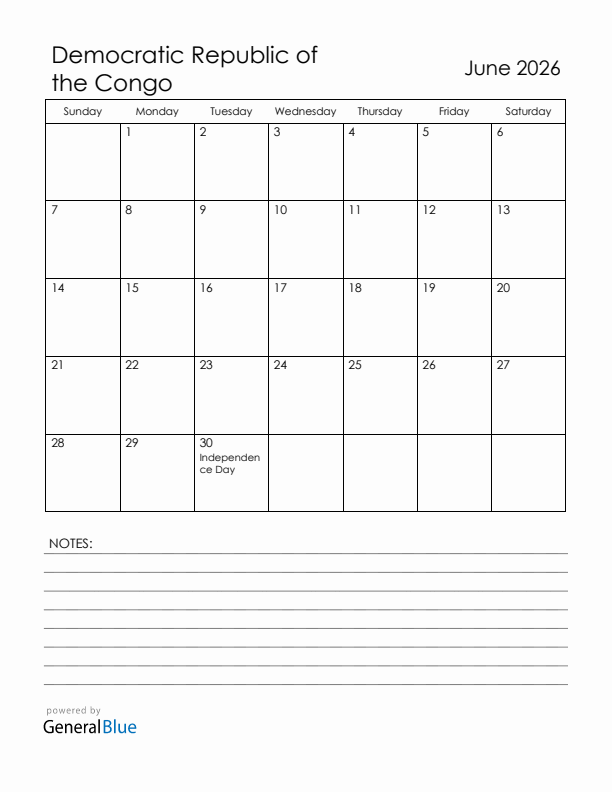 June 2026 Democratic Republic of the Congo Calendar with Holidays (Sunday Start)
