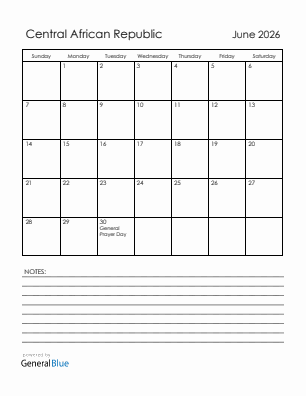 Current month calendar with Central African Republic holidays for June 2026